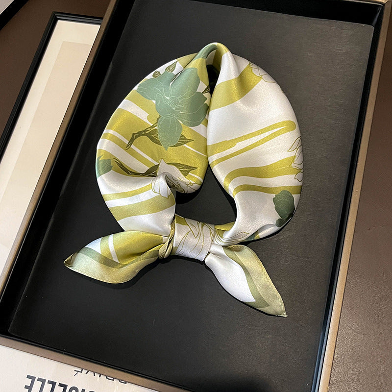 Green Flowers 53cm Silk Scarf - 100% Mulberry Silk, Floral Print, Women's Square Scarf Shawl (Style 2)
