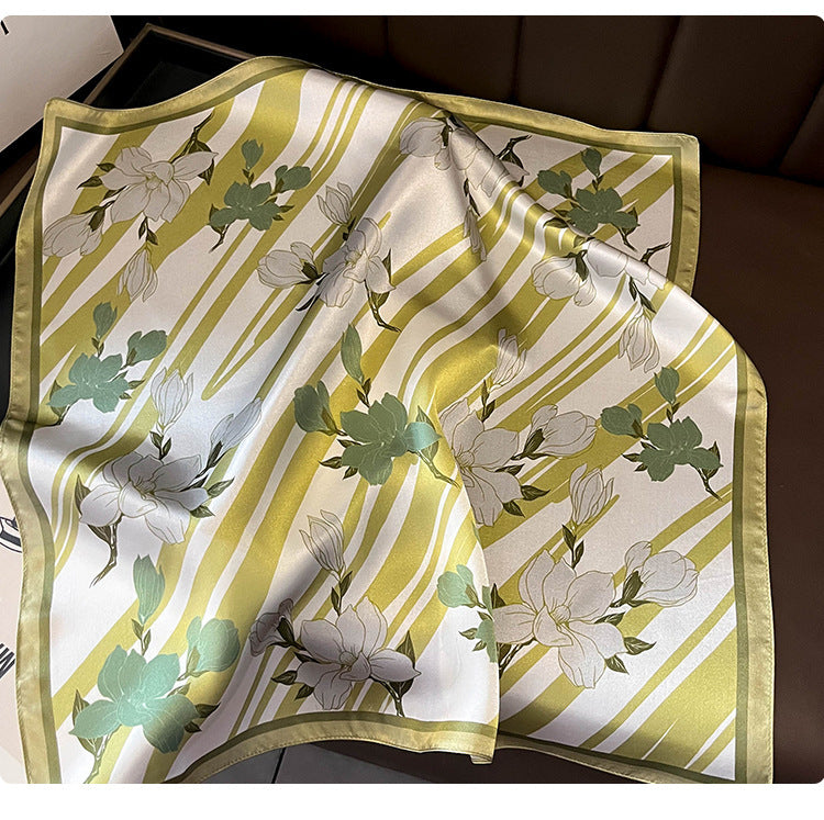 Green Flowers 53cm Silk Scarf - 100% Mulberry Silk, Floral Print, Women's Square Scarf Shawl (Style 2)