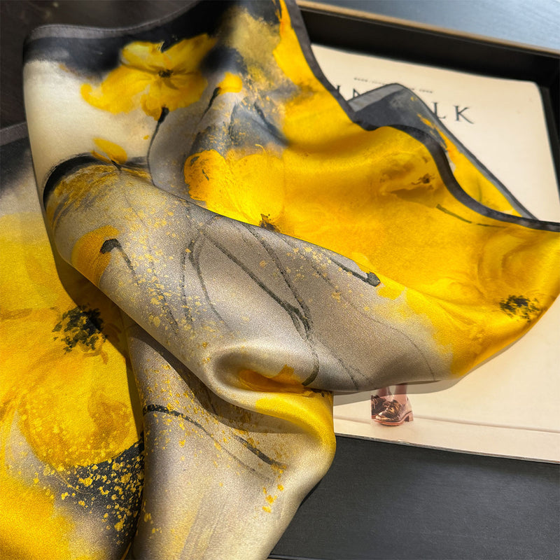 Yellow Flower Black Background 53cm Silk Scarf - 100% Mulberry Silk, Floral Print, Women's Square Scarf Shawl (Style 5)