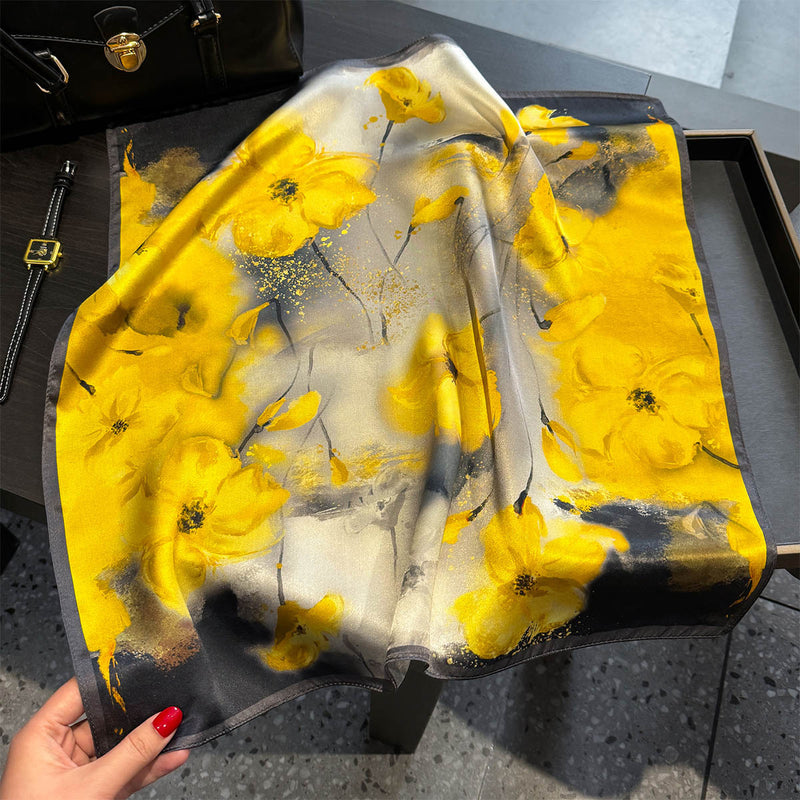 Yellow Flower Black Background 53cm Silk Scarf - 100% Mulberry Silk, Floral Print, Women's Square Scarf Shawl (Style 5)