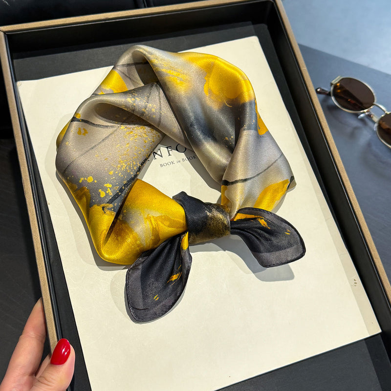 Yellow Flower Black Background 53cm Silk Scarf - 100% Mulberry Silk, Floral Print, Women's Square Scarf Shawl (Style 5)