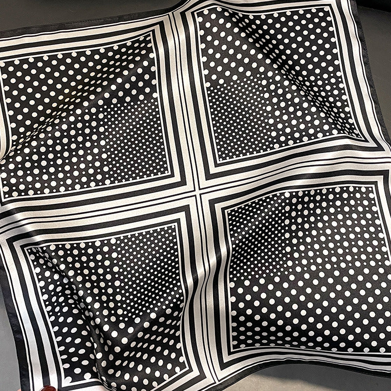 Black Polka Dots 53cm Silk Scarf - 100% Mulberry Silk, Floral Print, Women's Square Scarf Shawl (Style 5)