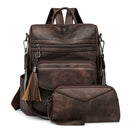Coffee Rough Grain Fashionable Women's Backpack Set - With Coin Purse and Tassels