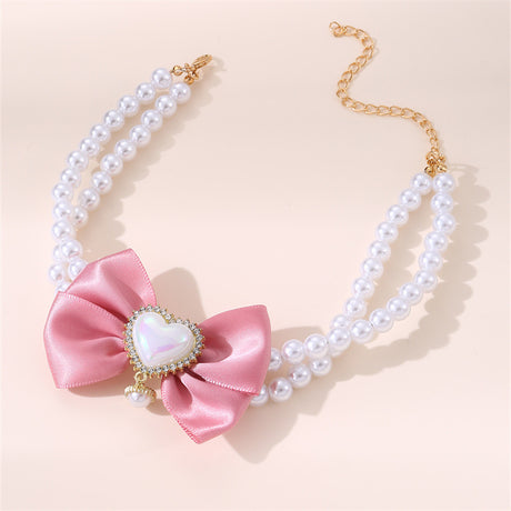 2 - PCS Cute Pet Pearl Necklace Collar with Pink Bow and Heart Charm - Size S