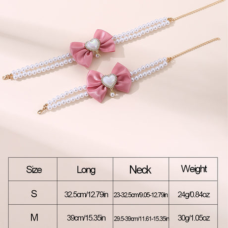 2 - PCS Cute Pet Pearl Necklace Collar with Pink Bow and Heart Charm - Size S