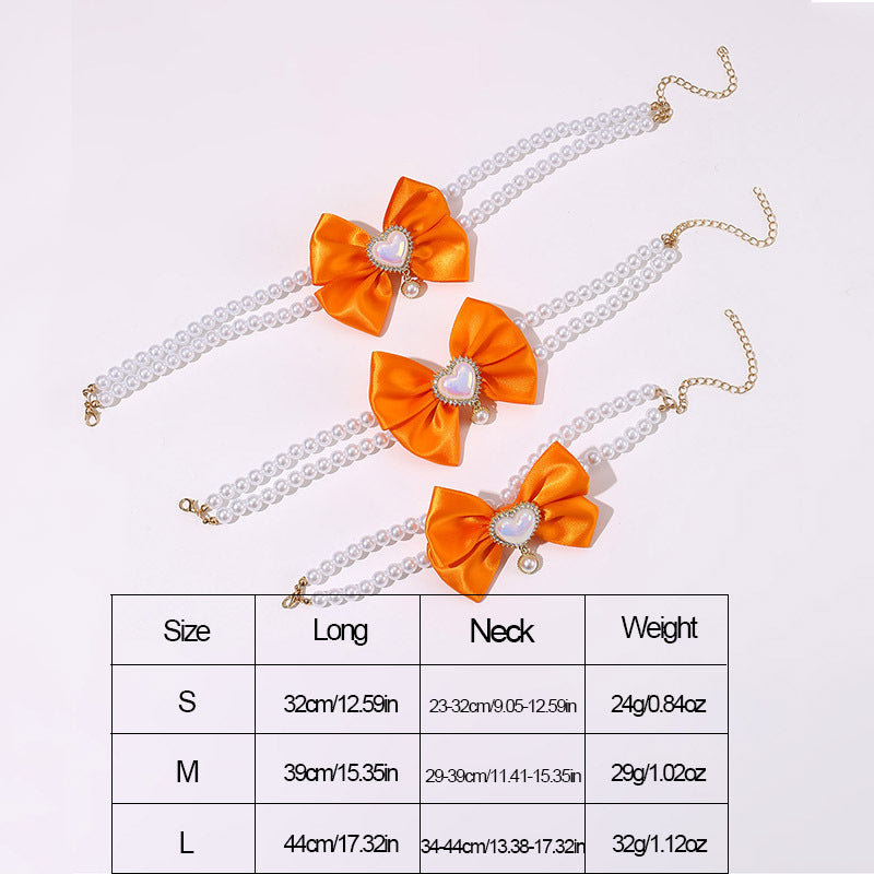 2 - PCS Cute Pet Pearl Necklace Collar with Orange Bow and Heart Charm - Size S