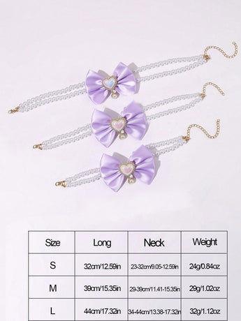 2 - PCS Cute Pet Pearl Necklace Collar with Purple Bow and Heart Charm - Size S