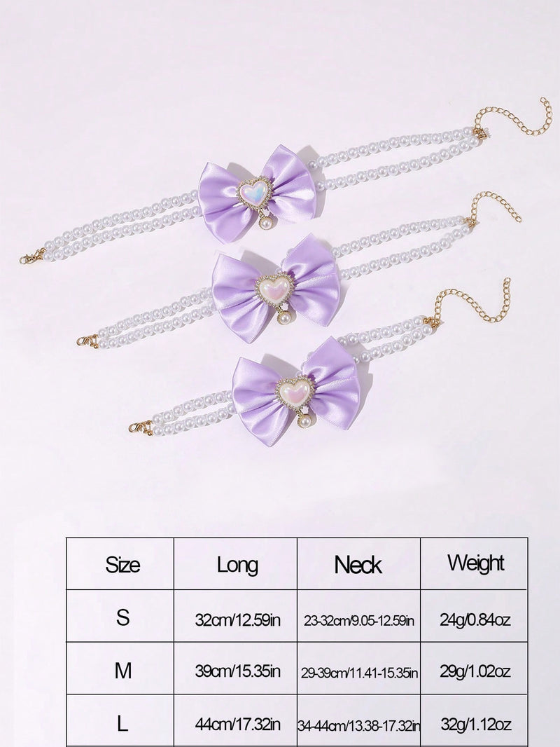 2 - PCS Cute Pet Pearl Necklace Collar with Purple Bow and Heart Charm - Size S