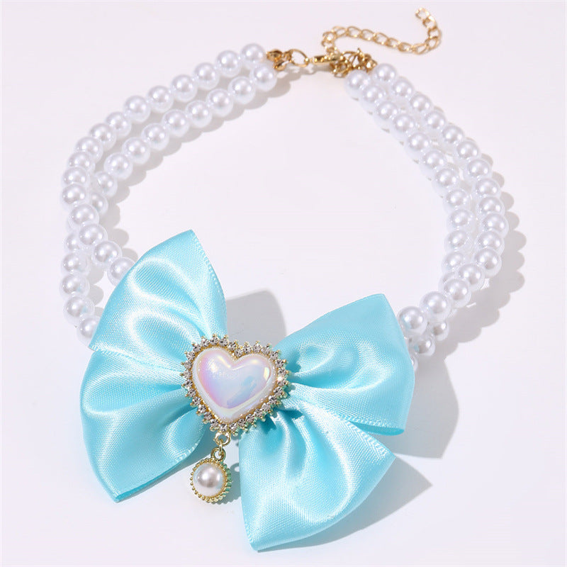 2 - PCS Cute Pet Pearl Necklace Collar with Blue Bow and Heart Charm - Size M
