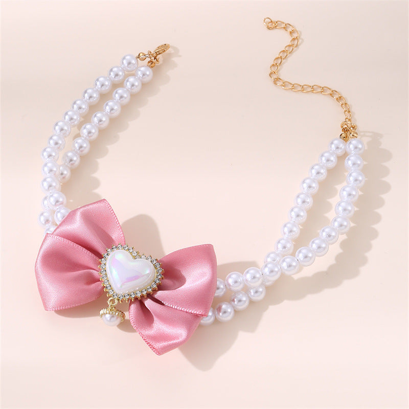 2 - PCS Cute Pet Pearl Necklace Collar with Pink Bow and Heart Charm - Size M