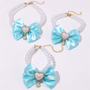 2 - PCS Cute Pet Pearl Necklace Collar with Blue Bow and Heart Charm - Size L