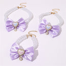 2 - PCS Cute Pet Pearl Necklace Collar with Purple Bow and Heart Charm - Size L