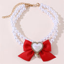 2 - PCS Cute Pet Pearl Necklace Collar with Red Bow and Heart Charm - Size L