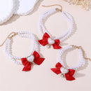 2 - PCS Cute Pet Pearl Necklace Collar with Red Bow and Heart Charm - Size L