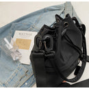 Black Casual Nylon Drawstring Bucket Bag - Adjustable Strap Crossbody Purse