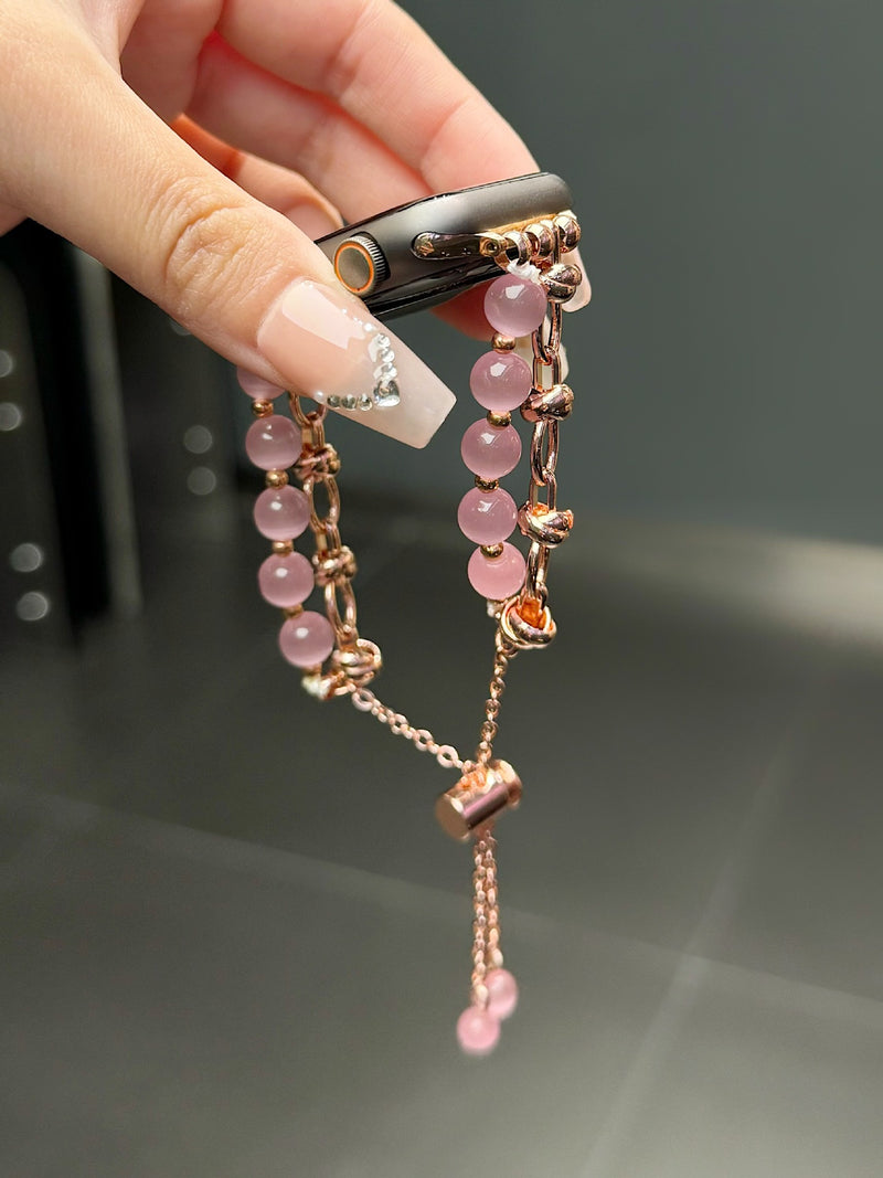 2-pcs Pink Elegant Cat's Eye Beaded Bracelet Band for Apple Watch - Women's Luxury Strap (Compatible Size :38/40/41MM )