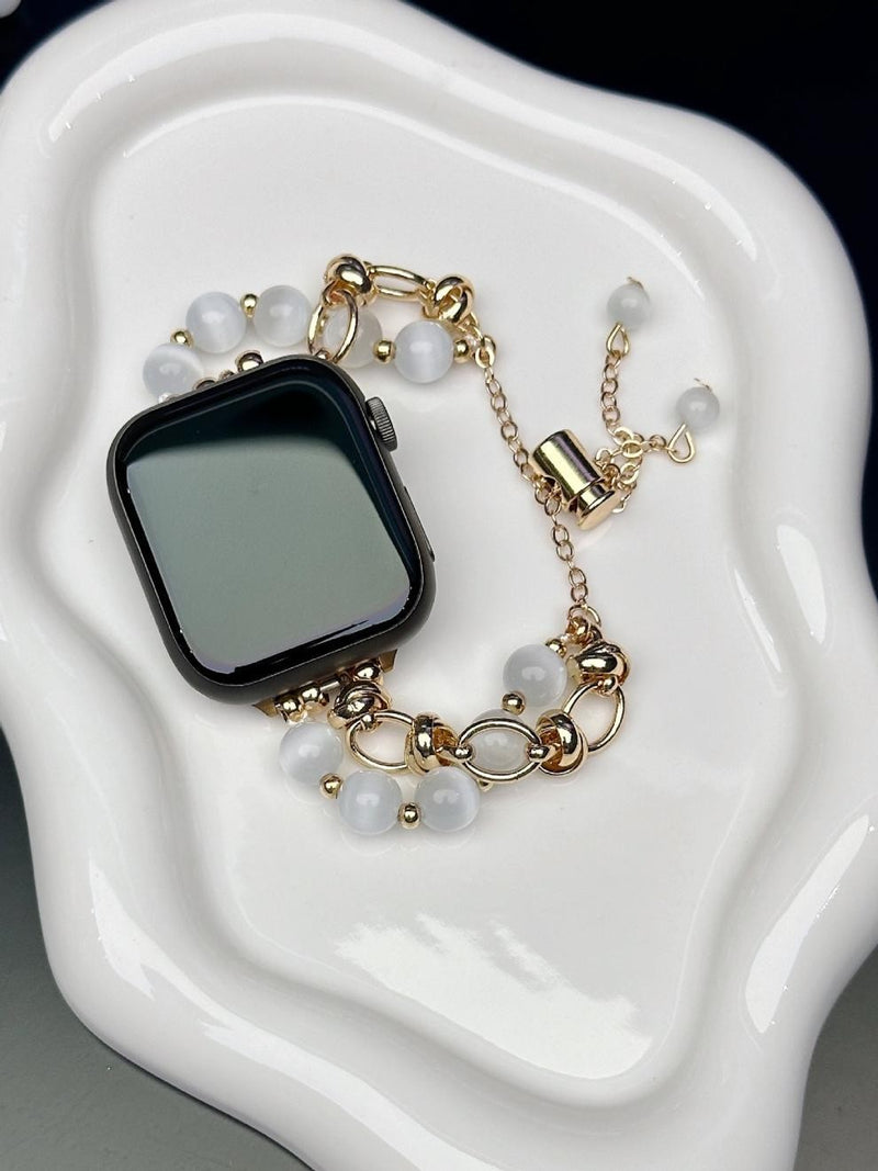 2-pcs Gold chain with white beads Elegant Cat's Eye Beaded Bracelet Band for Apple Watch - Women's Luxury Strap (Compatible Size :38/40/41MM )