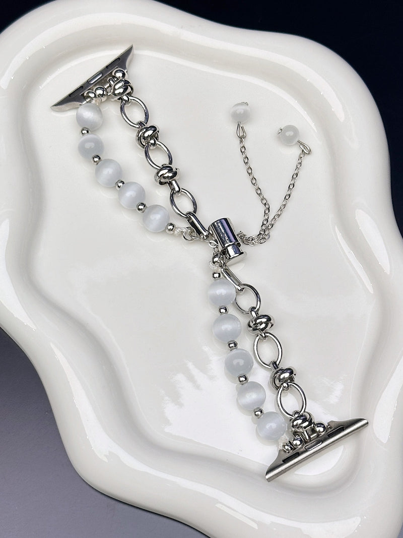 2-pcs Silver Elegant Cat's Eye Beaded Bracelet Band for Apple Watch - Women's Luxury Strap (Compatible Size :38/40/41MM )