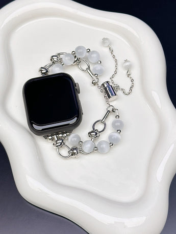 2-pcs Silver Elegant Cat's Eye Beaded Bracelet Band for Apple Watch - Women's Luxury Strap (Compatible Size :38/40/41MM )
