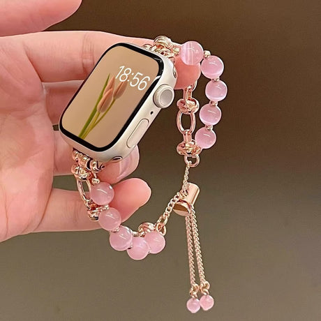2-pcs Pink Elegant Cat's Eye Beaded Bracelet Band for Apple Watch - Women's Luxury Strap (Compatible Size :42/44/45MM )