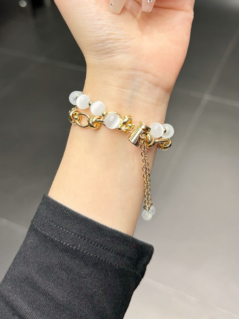 2-pcs Gold chain with white beads Elegant Cat's Eye Beaded Bracelet Band for Apple Watch - Women's Luxury Strap (Compatible Size :42/44/45MM )