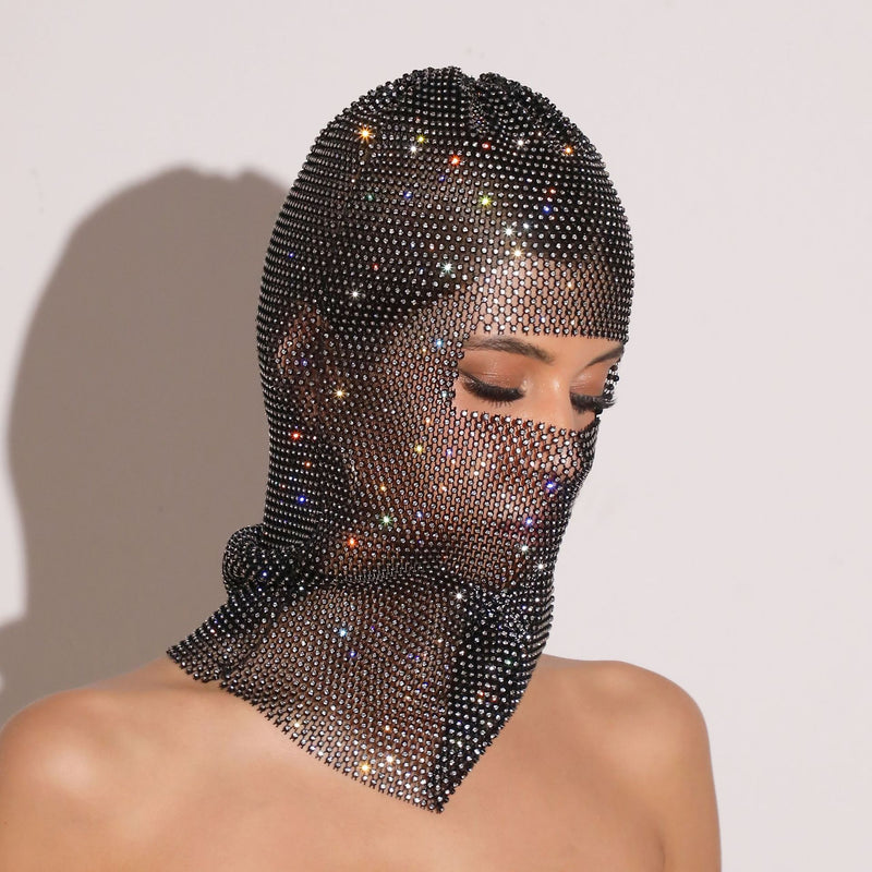 Black colored diamonds Glitter Rhinestone Face Balaclava - Trendy Music Festival Head Cover, 37cm