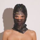 Black colored diamonds Glitter Rhinestone Face Balaclava - Trendy Music Festival Head Cover, 37cm