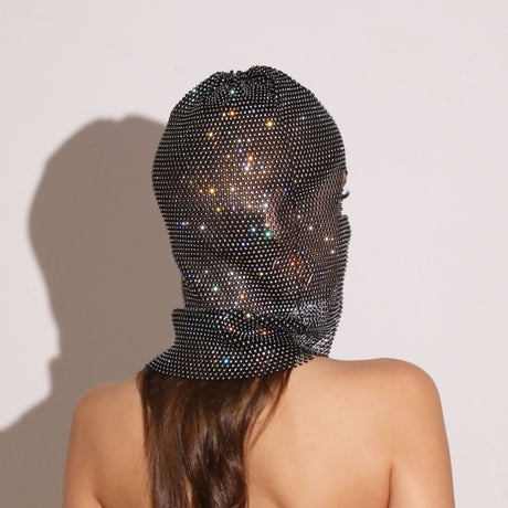 Black colored diamonds Glitter Rhinestone Face Balaclava - Trendy Music Festival Head Cover, 37cm