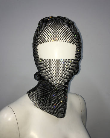 Black colored diamonds Glitter Rhinestone Face Balaclava - Trendy Music Festival Head Cover, 37cm