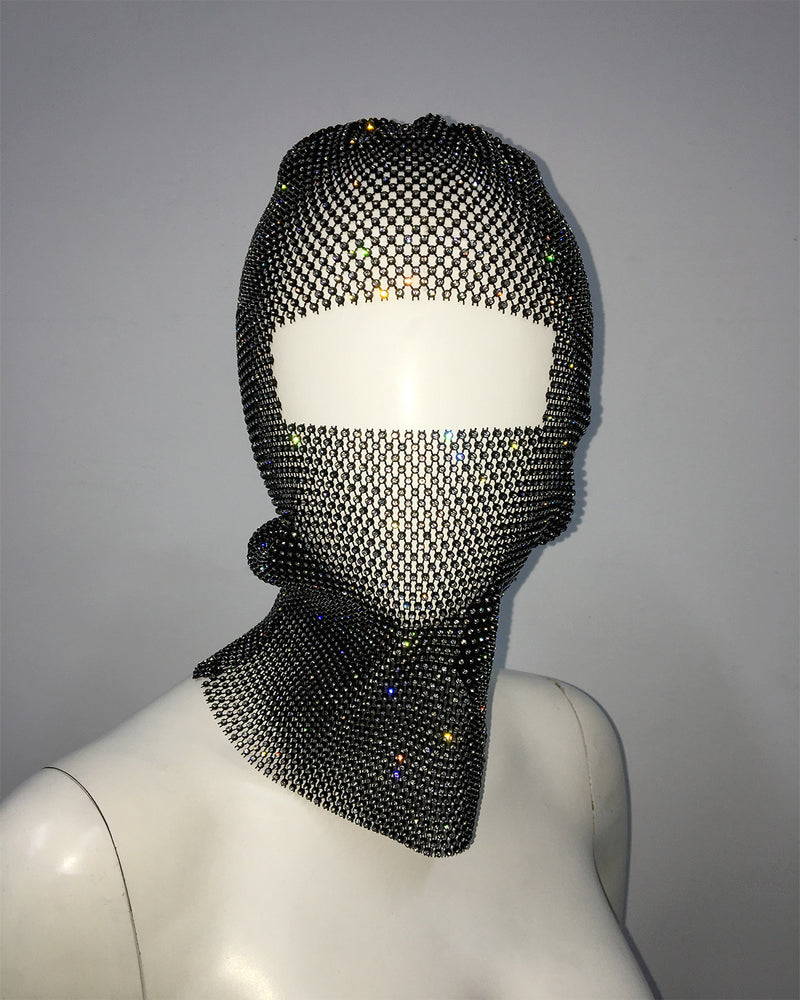 Black colored diamonds Glitter Rhinestone Face Balaclava - Trendy Music Festival Head Cover, 37cm