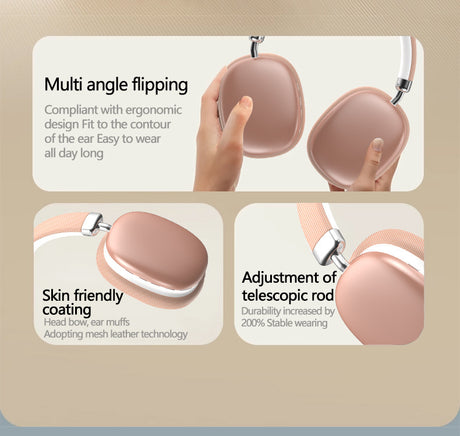 Beige Wireless Bluetooth Headphones - Over-Ear, Deep Bass, Foldable, Long Battery Life