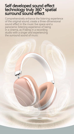 Beige Wireless Bluetooth Headphones - Over-Ear, Deep Bass, Foldable, Long Battery Life