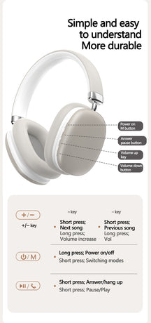 Beige Wireless Bluetooth Headphones - Over-Ear, Deep Bass, Foldable, Long Battery Life