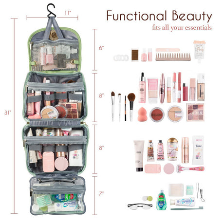 Green Stylish Travel Makeup Organizer Bag with Hanging Hook - Waterproof & Spacious Design