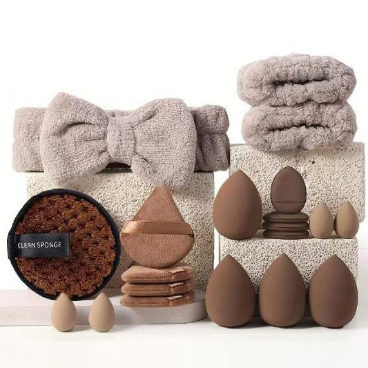 3 Pcs Brown 20PC Makeup Sponge Set - Flannel Headband, Crystal Velvet Puffs, Non-Latex Beauty Blenders for Flawless Application