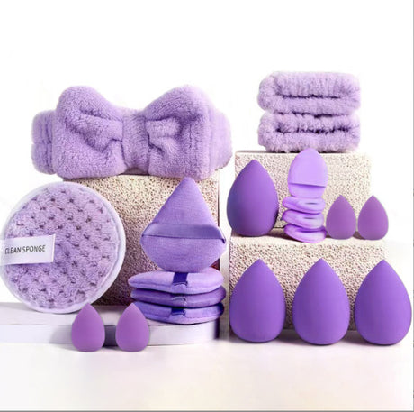 3 Pcs Purple 20PC Makeup Sponge Set - Flannel Headband, Crystal Velvet Puffs, Non-Latex Beauty Blenders for Flawless Application