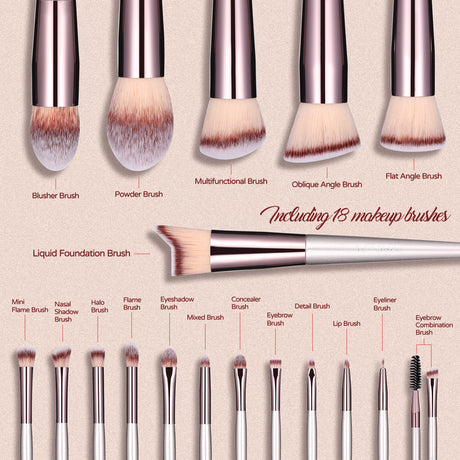 Beige 18-Piece Makeup Brush Set - Professional Synthetic Fiber Brushes with Wooden Handles for Flawless Beauty