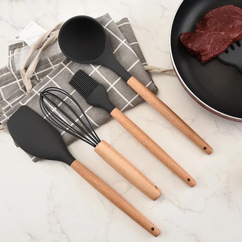 Green And Brown 12-Piece Silicone Kitchen Utensil Set - Non-Stick Food-Grade Silicone Cooking Tools with Wooden Handles and Holder
