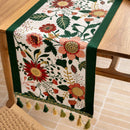 35x120cm Green Pastoral Table Runner - Spring Floral Oil Painting Style with Tassels