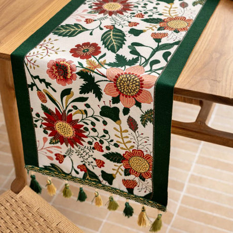 35x160cm Green Pastoral Table Runner - Spring Floral Oil Painting Style with Tassels
