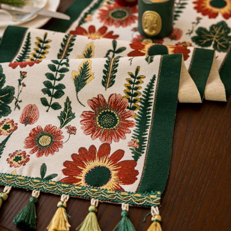 35x180cm Green Pastoral Table Runner - Spring Floral Oil Painting Style with Tassels