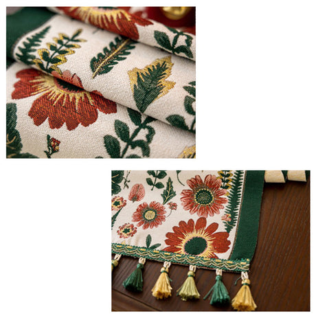 35x180cm Green Pastoral Table Runner - Spring Floral Oil Painting Style with Tassels
