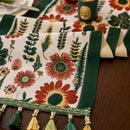 35x260cm Green Pastoral Table Runner - Spring Floral Oil Painting Style with Tassels