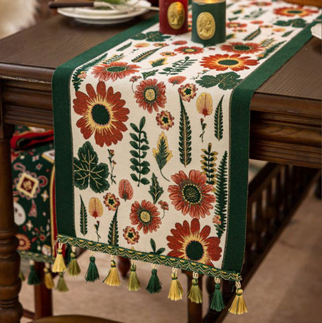 35x280cm Green Pastoral Table Runner - Spring Floral Oil Painting Style with Tassels