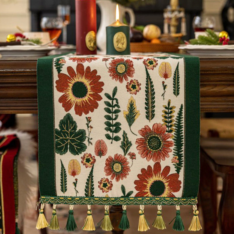 35x280cm Green Pastoral Table Runner - Spring Floral Oil Painting Style with Tassels