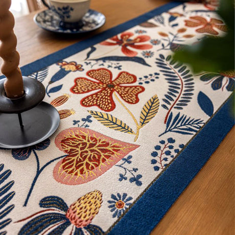 35x220cm Blue Pastoral Table Runner - Spring Floral Oil Painting Style with Tassels