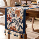 35x240cm Blue Pastoral Table Runner - Spring Floral Oil Painting Style with Tassels