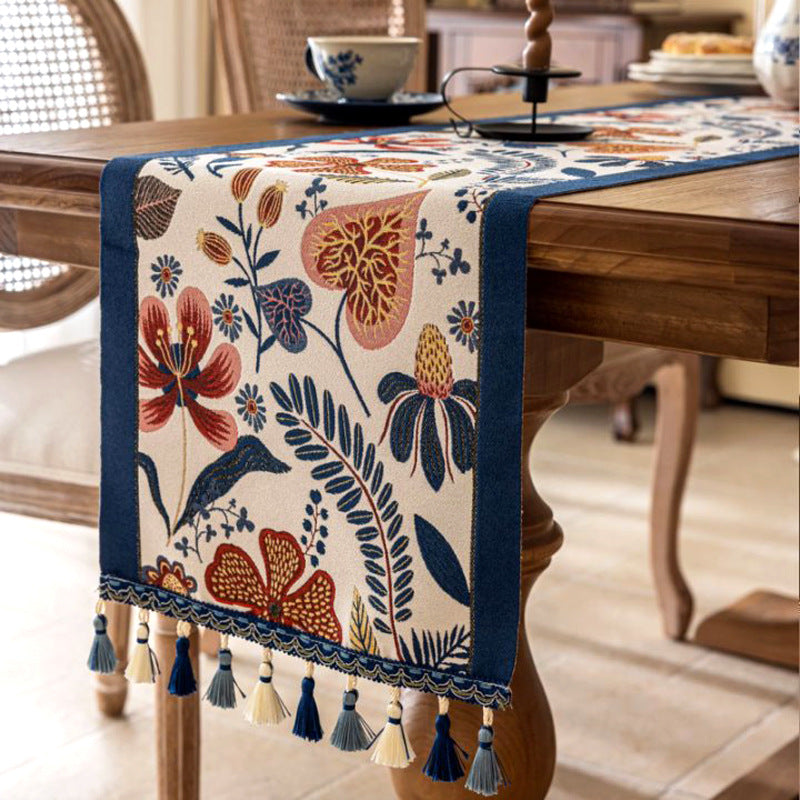 35x240cm Blue Pastoral Table Runner - Spring Floral Oil Painting Style with Tassels