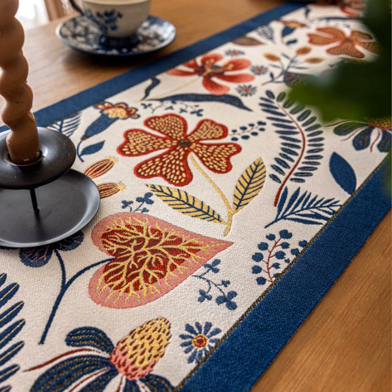 35x240cm Blue Pastoral Table Runner - Spring Floral Oil Painting Style with Tassels
