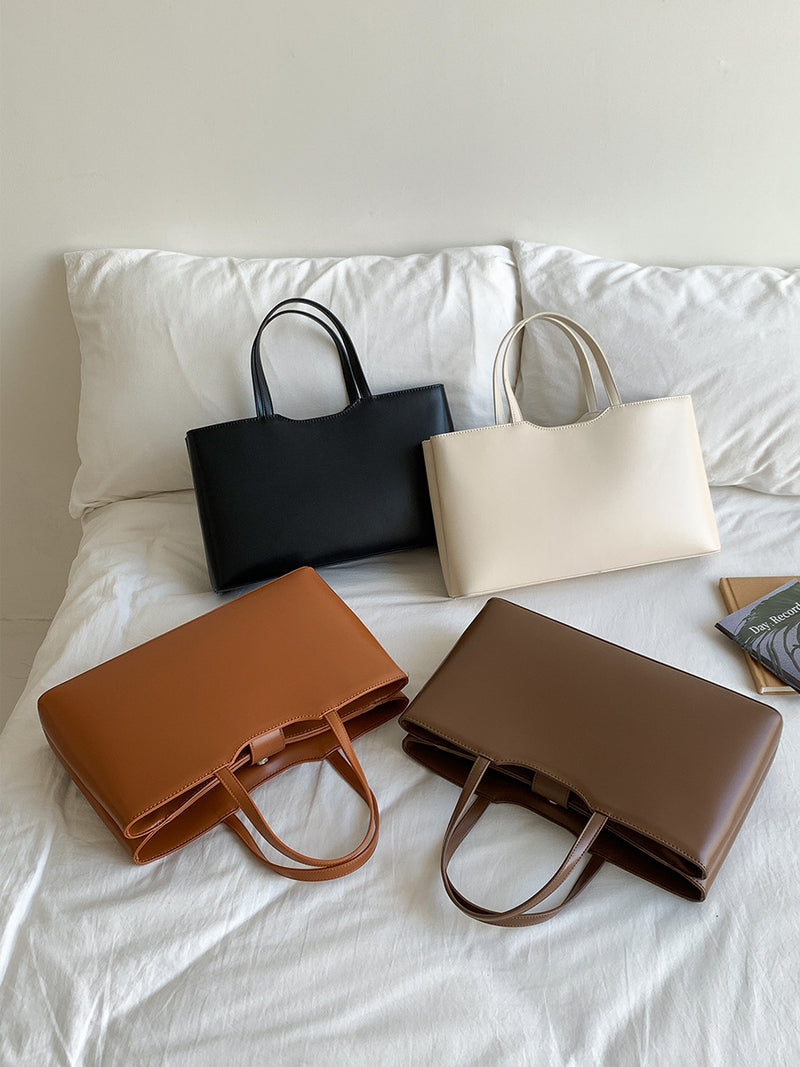 Black Large Capacity Tote Bag - Minimalist PU Leather Handbag for Daily Commute